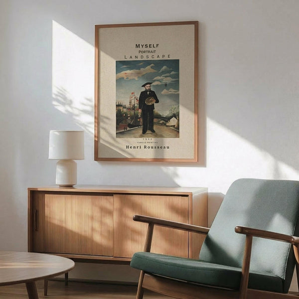 May include: Framed art print showing Henri Rousseau's self-portrait featuring a man in dark clothing holding a palette against a cloudy sky with bridge and cityscape background. Print has beige mat with typography reading "MYSELF PORTRAIT LANDSCAPE" and "Henri Rousseau" below the image. Displayed above light wood sideboard with white ceramic lamp, next to mint green upholstered armchair with wooden frame in bright, naturally-lit room with white walls.