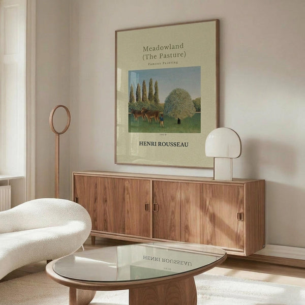 May include: Framed Henri Rousseau meadow poster with cattle and trees displayed above a wooden sideboard. White curved chair and glass coffee table in foreground. Modern minimalist room with cream walls, natural light, and mid-century furniture styling.