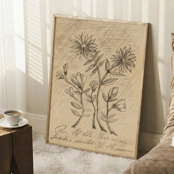 May include: Vintage-style botanical illustration print in thin light wood frame, leaning against white wall corner. Features hand-drawn flowers including daisies and smaller blooms with stems and leaves, rendered in brown ink on cream background with crosshatch shading. Cursive text appears at bottom. Positioned on white textured rug beside wooden block with coffee cup and neutral throw blanket. Soft natural lighting creates gentle shadows.