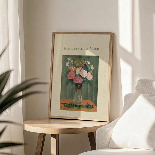 May include: Framed vintage botanical poster featuring colorful flowers in a vase against green background, displayed on round wooden side table next to beige upholstered chair. Soft natural lighting creates shadows across cream colored wall. Plant leaves visible in corner of minimalist, neutral-toned room setting.