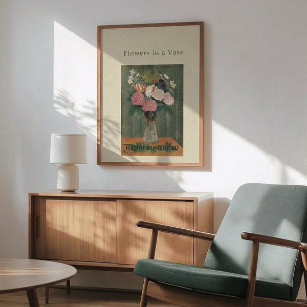 May include: Framed vintage botanical poster featuring Henri Rousseau's colorful floral still life painting with pink carnations, white flowers, and green foliage in a glass vase against sage green background. Displayed above mid-century modern wooden credenza with table lamp, next to mint green upholstered armchair with wooden frame in bright, sunlit room with white walls.