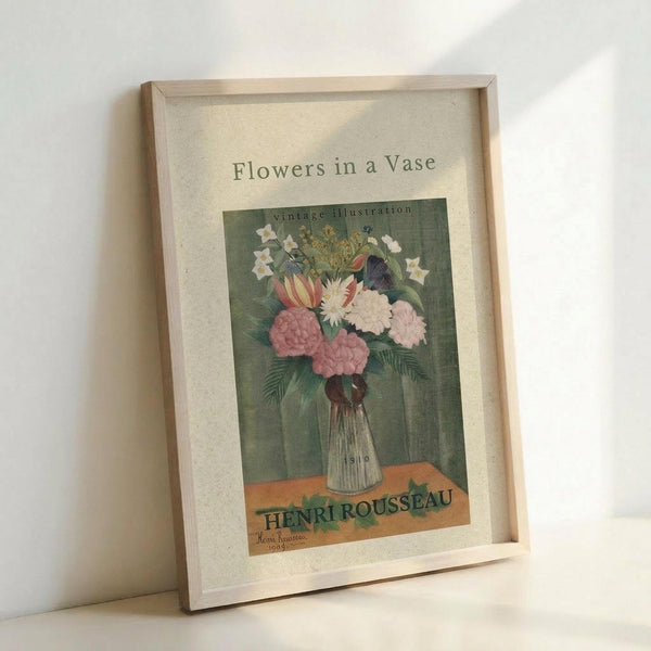 May include: Framed vintage botanical art print featuring colorful flowers in a ribbed glass vase against green background. Shows pink peonies, white daisies, tulips and foliage in Henri Rousseau's distinctive style. Natural wood frame with white mat, leaning against white wall corner on light wooden surface.