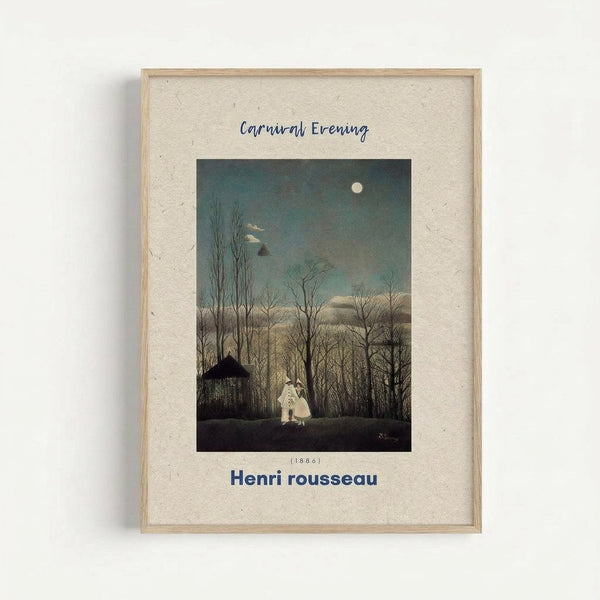 A framed art print featuring Henri Rousseau's 1886 painting "Carnival Evening" displayed against a white wall. The artwork shows a moonlit forest scene with bare winter trees, two costumed figures in white standing in a clearing near a small dark structure, and a full moon in a dusky green-blue sky. The print has a cream-colored textured mat with the title in blue script at the top and "Henri rousseau" and "(1886)" in blue text below the image. The frame appears to be natur