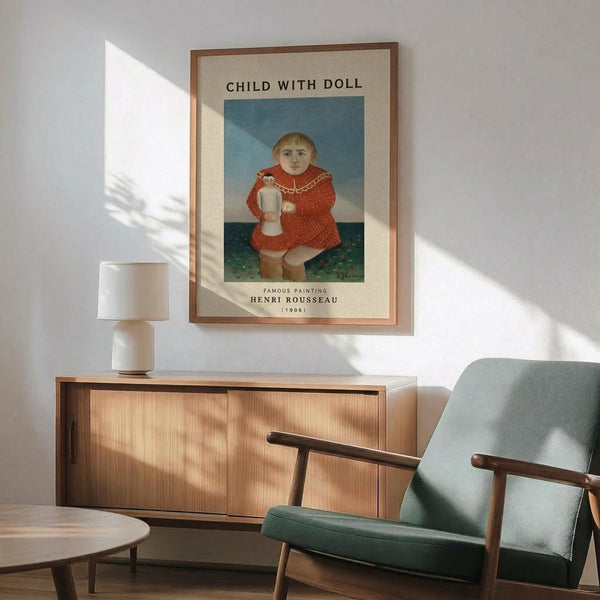 May include: Framed poster print featuring a young child in a red dress holding a white doll, displayed above a wooden sideboard with white ceramic lamp in a modern living room with mint green upholstered chair and natural lighting creating geometric shadows on white wall.