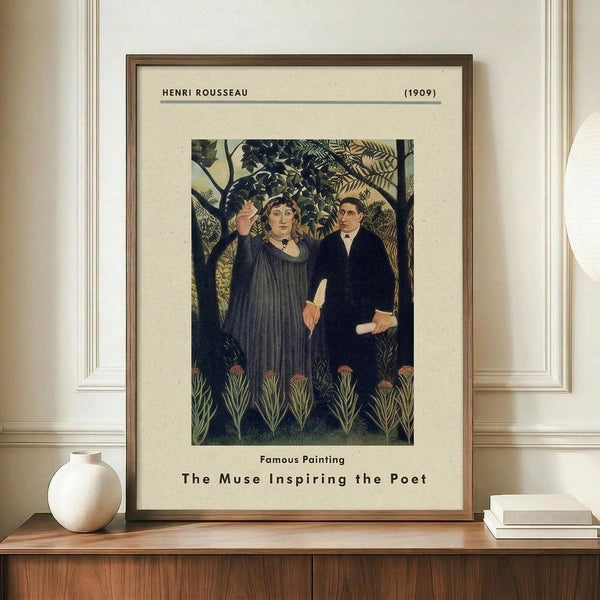 May include: Framed art print displaying Henri Rousseau's 1909 painting featuring three figures in a lush jungle setting with dense green foliage. The woman wears a flowing dark dress while two men in dark suits stand beside her. Print has cream matting with artist name and date at top, title at bottom. Wooden frame sits on mid-century credenza next to white ceramic vase and stacked books against neutral wall with white trim.