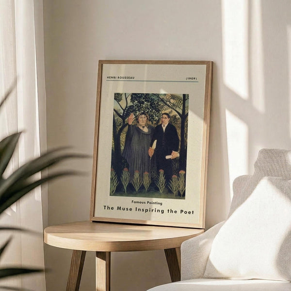 May include: Framed art print featuring Henri Rousseau's 1909 painting "The Muse Inspiring the Poet" displayed on a round wooden side table next to a cream upholstered chair. The vintage-style poster shows three figures in a lush jungle setting with dense foliage. Natural sunlight streams across the neutral-toned room, casting soft shadows from a plant visible in the corner.
