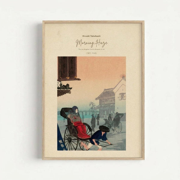 May include: Framed vintage Japanese woodblock print showing a woman in red kimono sitting in a black rickshaw with a puller in dark blue clothing. Scene depicts a misty street with traditional buildings, other rickshaws and figures in background. Artwork has soft peachy-pink sky and muted green-blue tones. Print is matted in cream with light wood frame, mounted on white wall.