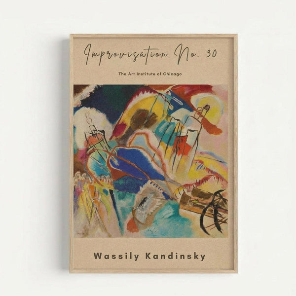 Framed abstract art print featuring Wassily Kandinsky's colorful composition with swirling forms in blues, yellows, reds, and greens. The artwork shows dynamic brushstrokes and geometric elements against a cream background. Text reads "Improvisation No. 30" and "The Art Institute of Chicago" above the image, with "Wassily Kandinsky" below. The print is displayed in a light wood frame against a white wall.