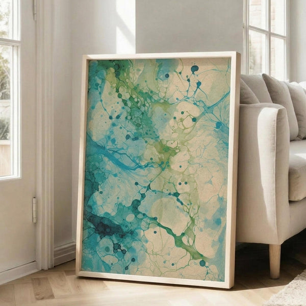 May include: Large framed abstract art print leaning against white wall beside beige upholstered chair. Artwork features flowing teal, turquoise, and green watercolor-style ink blots with organic branching patterns and scattered dots on cream background. Natural wood frame, bright sunlit room with hardwood floors and windows.