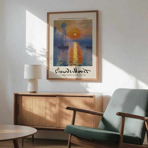May include: Framed poster of impressionist harbor scene at sunrise with sailing ships silhouetted against orange and blue sky, water reflecting golden sunlight. Wood-framed print hangs above mid-century modern credenza with white ceramic lamp. Sage green upholstered chair with wooden arms sits nearby. Warm natural light creates shadows across white wall in contemporary living room setting.