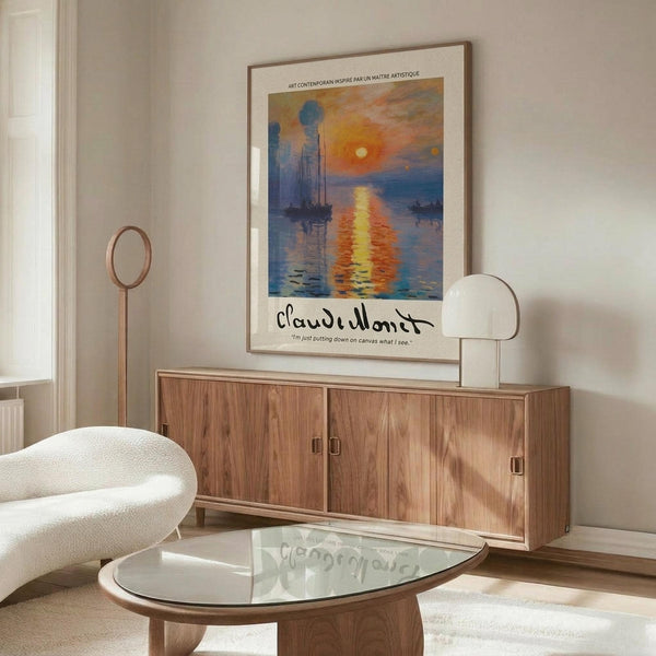 May include: Monet's Impression, Sunrise artwork poster in thin wooden frame hanging above wood sideboard in minimalist living room. Orange sunset reflects on blue water with silhouetted boats and industrial structures. Modern white curved chair and glass coffee table visible. Warm natural lighting creates cozy atmosphere with neutral walls.