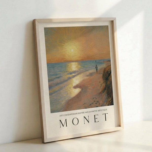 May include: Framed art print leaning against white wall showing impressionist-style beach sunset scene with golden sky, blue ocean waves, sandy shore, and solitary figure walking. Warm orange and yellow tones reflect on water. Light wooden frame with white matting. Text reads "MONET" and "ART CONTEMPORAIN INSPIRÉ PAR UN MAÎTRE ARTISTIQUE" below image.