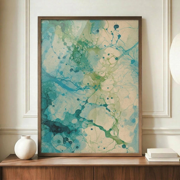 May include: Abstract watercolor artwork in teal, blue, and green tones with organic flowing shapes and circular dots, displayed in a thin brown frame on a wooden console table beside a white ceramic vase and stacked books against cream wainscoting walls.