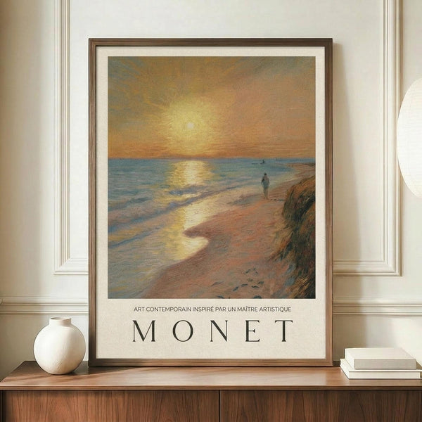 May include: Framed art print featuring an impressionist sunset seascape with golden sky reflecting on blue water, solitary figure walking on sandy beach, displayed on wooden sideboard with white ceramic vase and books in elegant room with cream walls and molding