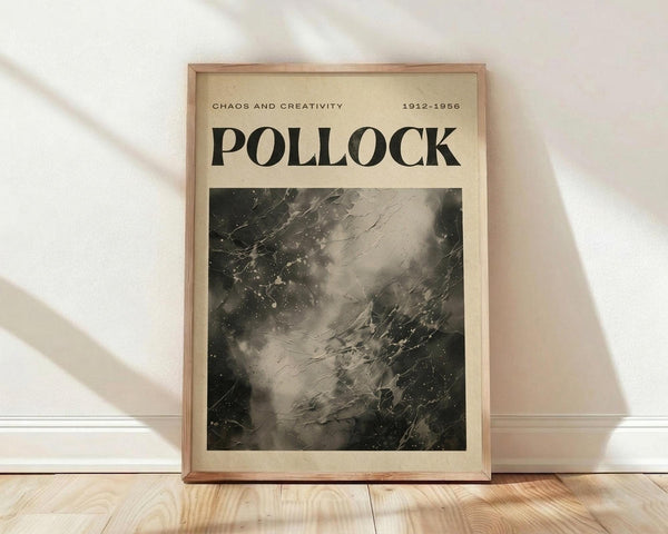 May include: A framed poster print featuring abstract black and white paint splatters and drips in Jackson Pollock's signature style, displayed in a light wood frame against a white wall with natural sunlight casting diagonal shadows across the scene. The artwork shows dynamic paint textures with varying tones from deep black to light gray, creating an energetic composition. The poster includes "CHAOS AND CREATIVITY" and "POLLOCK" text at the top with dates "1912-1956" on a