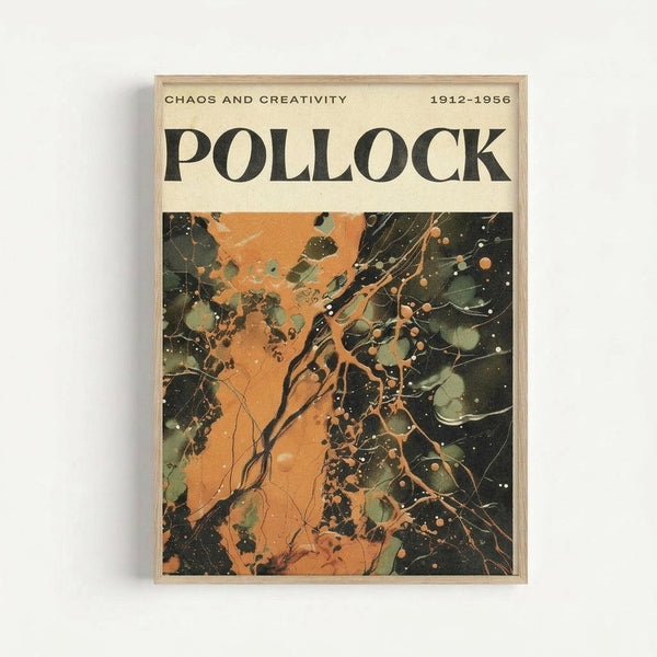 Framed abstract expressionist art print featuring energetic splatters and drips in orange, green, and black paint against a cream background. The artwork shows chaotic lines, dots, and paint splatters characteristic of action painting. Text reads "CHAOS AND CREATIVITY 1912-1956" and "POLLOCK" in bold black letters at the top. The print is displayed in a light wood frame against a white wall.
