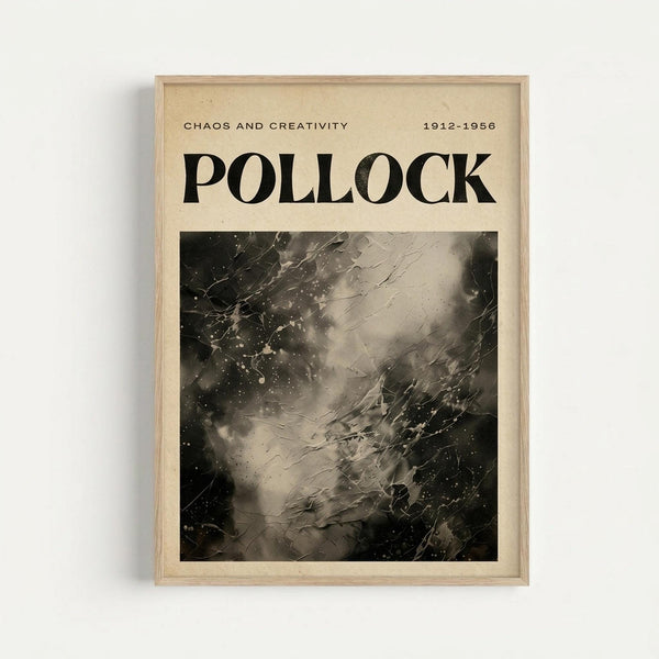 May include: Framed art print on beige wall showing abstract black and white drip painting in Jackson Pollock's signature style. The artwork features dynamic splatters, drips, and gestural marks creating energetic movement across the canvas. Above the image, text reads "CHAOS AND CREATIVITY" and "1912-1956" with "POLLOCK" in large black letters. The print is displayed in a light wood frame against a white wall.