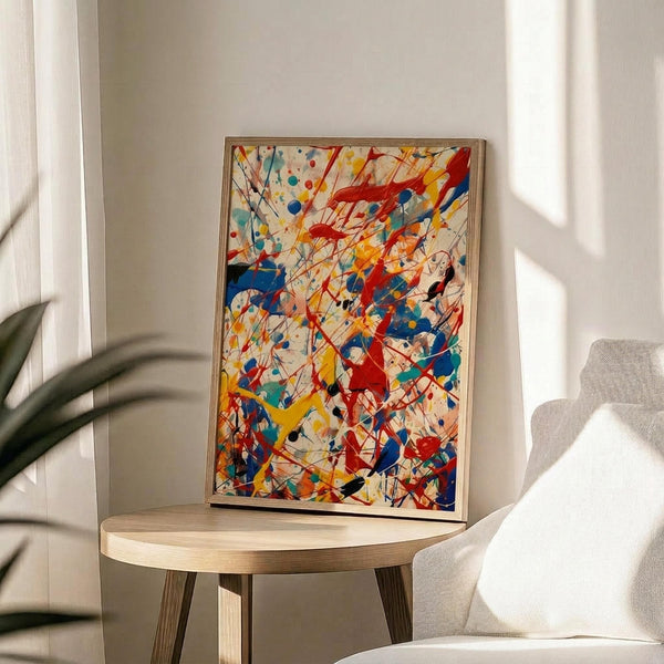 May include: Abstract expressionist artwork with vibrant splashes and drips of red, blue, yellow, and black paint on cream background, displayed in light wood frame on round wooden side table next to beige upholstered chair, with plant leaves and natural window light creating soft shadows on white wall