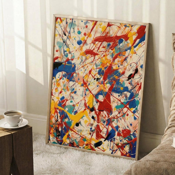 May include: Abstract expressionist artwork with energetic paint splatters, drips and gestural brushstrokes in vibrant red, blue, yellow, orange and black against cream background. Framed in thin light wood frame, leaning against white wall corner near beige armchair and wooden side table with white coffee cup. Natural sunlight creates soft shadows on textured white area rug.