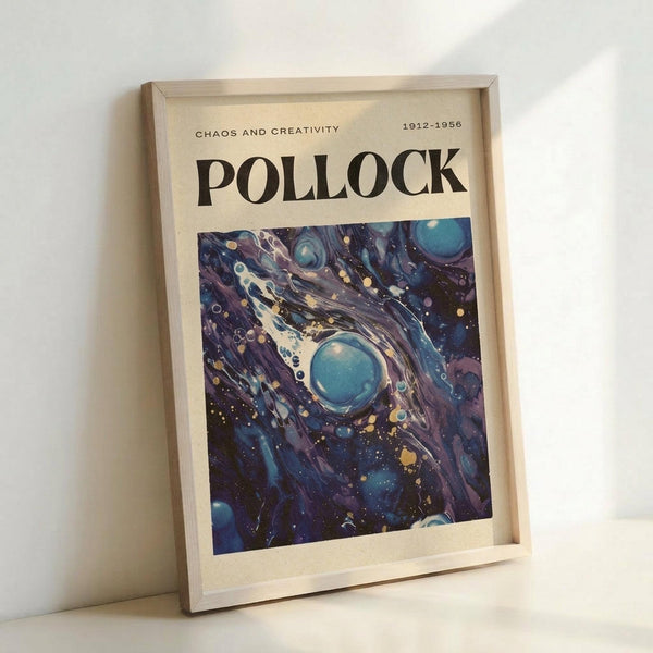 May include: Framed art print leaning against white wall showing abstract expressionist artwork with swirling blues, purples, and cosmic imagery. Text reads "CHAOS AND CREATIVITY" and "POLLOCK 1912-1956" above the vibrant space-like composition featuring flowing paint effects, circular forms, and stellar elements in deep blue and purple tones with gold accents.
