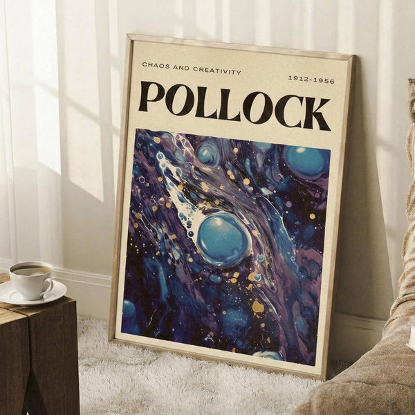 May include: Framed abstract art poster with swirling blue, purple, and teal cosmic patterns featuring circular forms and flowing brushstrokes, displayed leaning against white wall corner next to wooden side table with white coffee cup and saucer, positioned on light textured rug beside beige fabric furniture