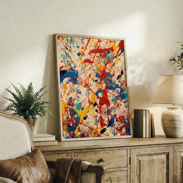 May include: Vibrant abstract expressionist artwork with chaotic splatters and drips in red, blue, yellow, and black on cream background, displayed in thin wooden frame on rustic wood sideboard. Room setting shows brown leather chair, fern plant, ceramic vase, and stacked books creating warm, cozy interior atmosphere.