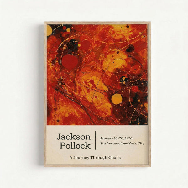 Framed abstract art poster featuring vibrant red, orange, and yellow paint splatters with black curved lines and circular shapes in Jackson Pollock's distinctive drip painting style. The artwork shows dynamic swirls and energetic brushstrokes against a fiery background. Below the image is white text reading "Jackson Pollock" with exhibition details "January 10-20, 1956, 8th Avenue, New York City" and "A Journey Through Chaos." The poster has a light wood frame and is displa