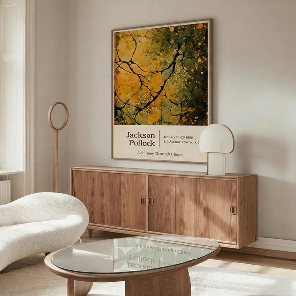 May include: Jackson Pollock exhibition poster featuring abstract artwork with golden yellow and olive green organic shapes and branching black lines, displayed in thin wooden frame above mid-century walnut credenza. Modern living room setting with cream textured chair, round glass coffee table, white table lamp, and tall brass floor lamp on light wooden floors against neutral walls.