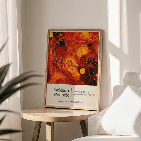 May include: Framed art print featuring Jackson Pollock's abstract expressionist style with vibrant orange, red, and yellow paint splatters and drips against dark areas. The poster shows exhibition details and sits on a light wood round side table next to a beige upholstered chair. Soft natural light filters through white curtains, casting gentle shadows. A plant's green leaves are partially visible in the corner, creating a warm, modern living room setting.