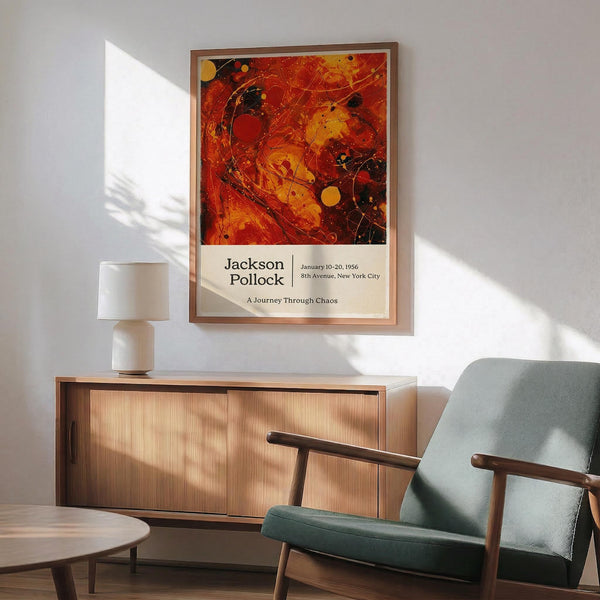 a framed abstract painting hanging on a wall, with a wooden cabinet below it and a green armchair in the foreground.