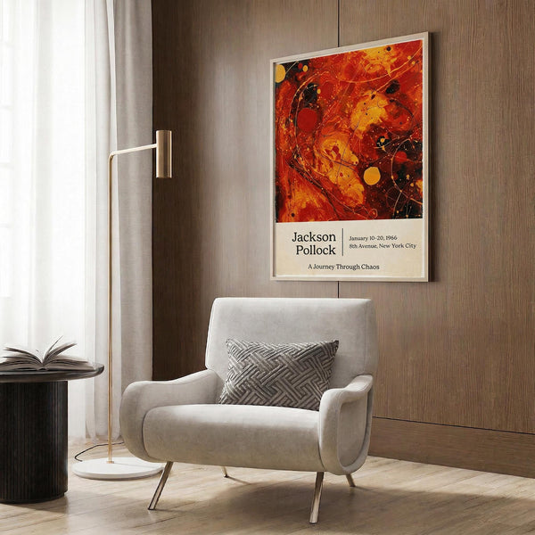 A modern living room with a white armchair, a floor lamp, and a framed abstract painting on the wall.