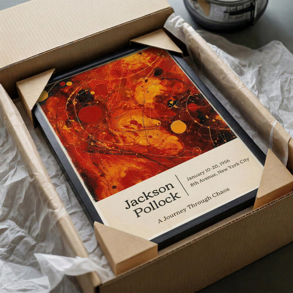 a framed print of Jackson Pollock's artwork, titled "A Journey Through Chaos", displayed in a cardboard box.
