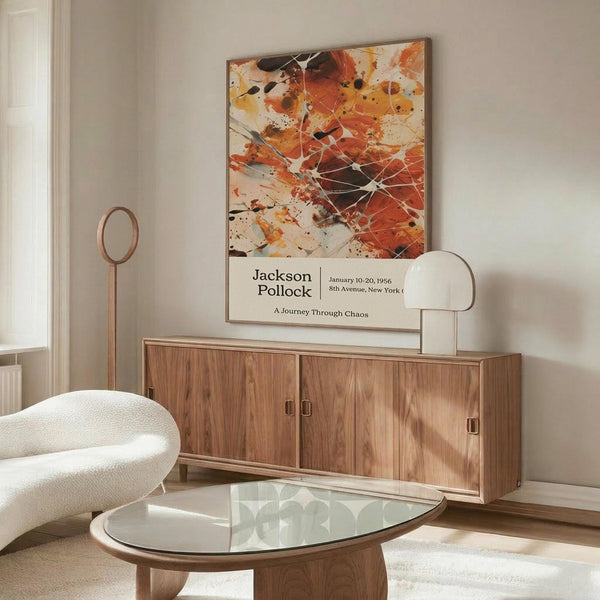 May include: Abstract expressionist art poster with vibrant orange, red, black and white paint splatters and drips displayed above a mid-century modern wooden credenza with sliding doors. White upholstered chair and glass-top coffee table visible in minimalist living room with beige walls and natural lighting.