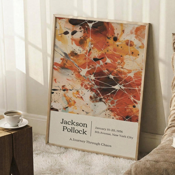 May include: Abstract art poster with vibrant orange, red, and black paint splatters and white linear elements in light wood frame, leaning against white wall corner next to beige armchair and wooden side table with white coffee cup on saucer, displayed on white textured rug in bright natural lighting.