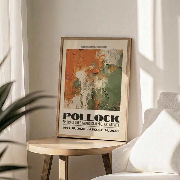 May include: Framed exhibition poster featuring abstract orange, green and white paint splatters in Jackson Pollock's drip painting style. Text reads "POLLOCK EMBRACE THE CHAOTIC REALM OF CREATIVITY" with exhibition dates May 18, 2030 - August 14, 2030. Natural wood frame sits on round wooden side table next to beige upholstered chair with plant leaves visible, bright sunlight streaming across white walls.