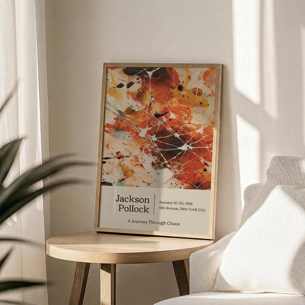 May include: Abstract expressionist artwork poster in natural wood frame displaying orange, red, black and white paint splatters and geometric line overlays. Poster sits on round wooden side table next to beige upholstered chair with throw pillow. Plant leaves visible in corner, white walls with natural window light creating shadows across the minimalist modern interior setting.