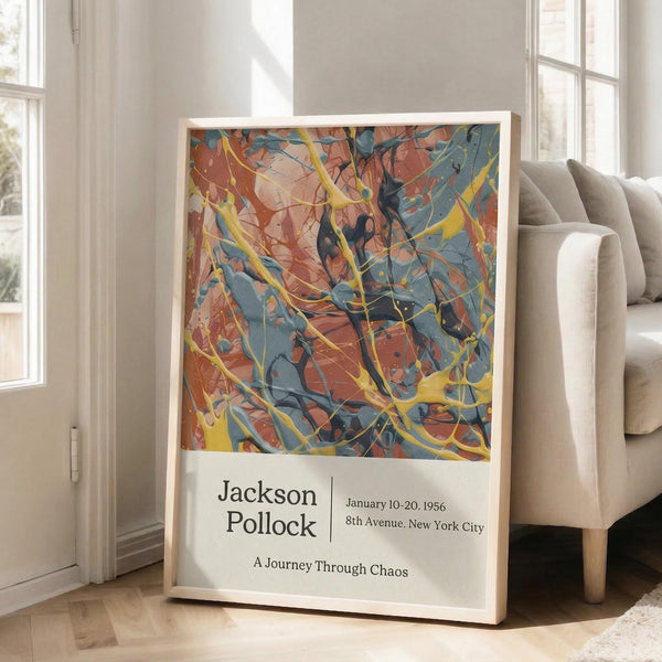 May include: Abstract expressionist artwork poster in light wood frame leaning against white wall next to beige sofa. The artwork features energetic splashes and drips of orange, blue, yellow and black paint in chaotic overlapping patterns. Below the colorful abstract painting is white text reading "Jackson Pollock" with exhibition details and "A Journey Through Chaos." Natural sunlight streams through tall windows creating soft shadows on the light wooden floor.