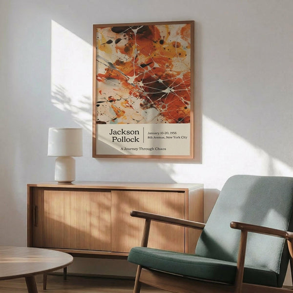 May include: Abstract art poster with orange, red, and black paint splatters and white geometric line overlays, displayed in thin wood frame above mid-century modern credenza with white ceramic lamp. Mint green upholstered chair with wooden arms sits nearby on wooden floors with natural sunlight casting shadows across white wall.