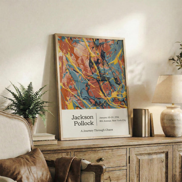 May include: Framed Jackson Pollock exhibition poster with abstract paint splatters in orange, blue, and yellow colors, displayed on rustic wooden sideboard alongside fern plant, ceramic vase, and stacked books in warm-lit living room with beige chair and neutral walls