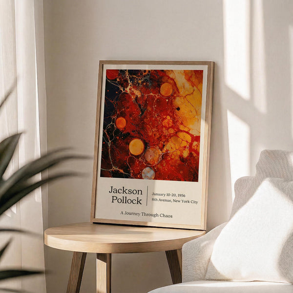 May include: Jackson Pollock exhibition poster featuring abstract artwork with vibrant red, orange, and yellow paint splatters and circular forms against dark background. Poster displays in thin wooden frame on round wooden side table next to beige upholstered chair. Soft natural lighting creates window shadows on neutral wall. Green plant leaves visible in corner of minimalist interior setting.