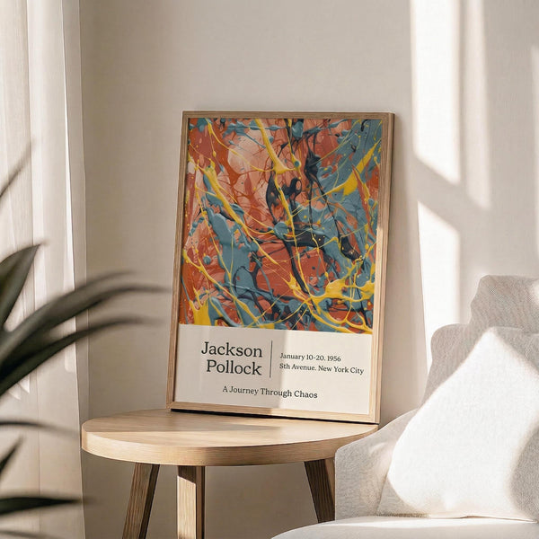 May include: Abstract expressionist poster with vibrant orange, blue, and yellow paint splatters in thin gold frame, displayed on round wooden side table next to beige upholstered chair. Natural sunlight creates geometric shadows on cream wall. Green plant leaves visible in corner. Exhibition-style poster features colorful drip painting reproduction with white text section below artwork.