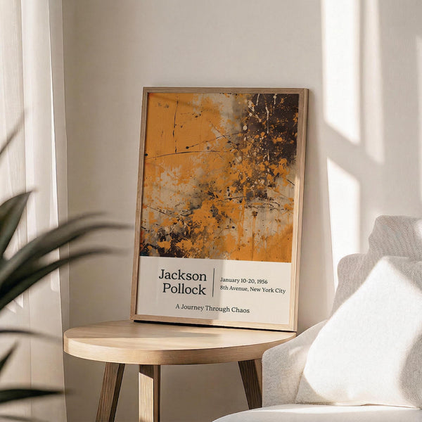 May include: Jackson Pollock exhibition poster with abstract orange and brown paint splatters displayed in thin wooden frame on round wooden side table next to beige upholstered chair. Soft natural lighting creates window shadows on neutral wall. Green plant leaves visible in corner. Poster features artwork reproduction with text below including artist name, exhibition dates, and venue information.