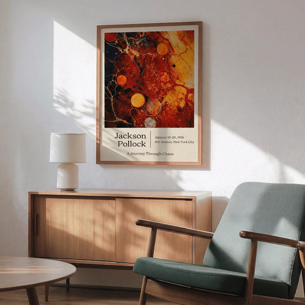 a framed poster of Jackson Pollock's artwork hanging on a wall in a living room.