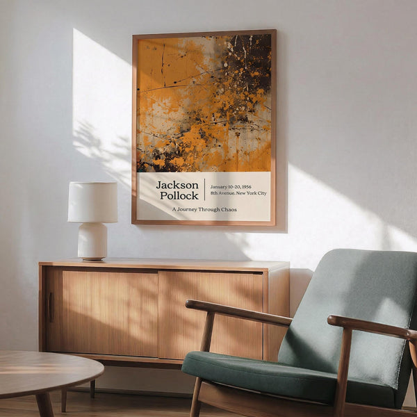 a poster of Jackson Pollock's artwork hanging on a wall in a room with a wooden cabinet below it.