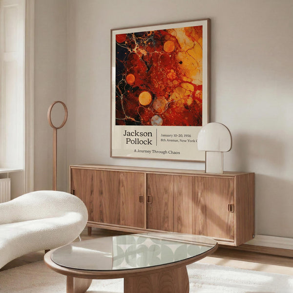 a modern living room with a large abstract painting hanging on the wall above a wooden cabinet. The painting has a vibrant mix of red, orange, and yellow colors, creating a striking visual contrast. The room also includes a white sofa, a glass coffee table, and a lamp, contributing to the overall contemporary and stylish atmosphere.