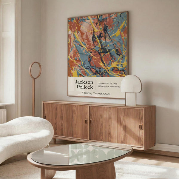 a modern living room with a large abstract painting hanging on the wall above a wooden cabinet. The painting has a vibrant mix of colors and patterns, creating a lively atmosphere. The room also includes a white sofa, a glass coffee table, and a lamp, contributing to the overall contemporary design.