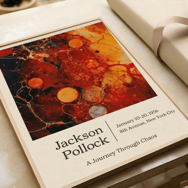 The image is a framed print featuring Jackson Pollock's artwork titled "A Journey Through Chaos".