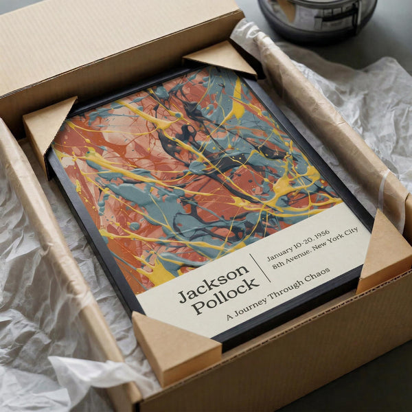 A framed poster titled "Jackson Pollock: A Journey Through Chaos" is displayed in a cardboard box, with a white tissue paper wrapping around it.
