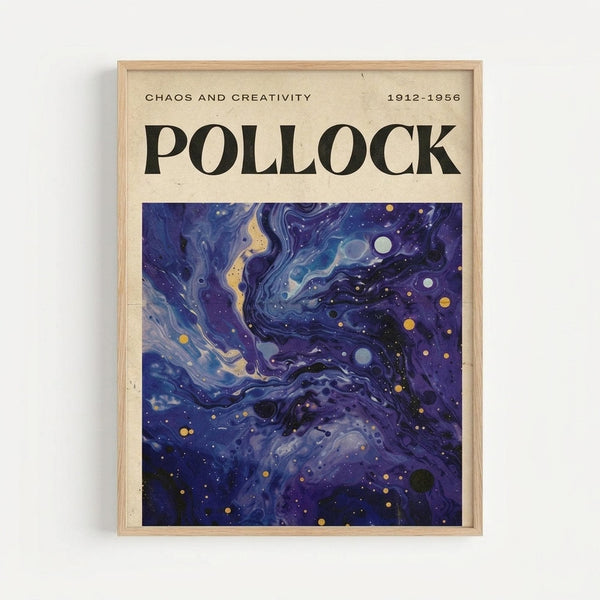 Framed poster featuring an abstract swirling composition in deep blues and purples with flowing, organic shapes reminiscent of cosmic or fluid dynamics. Small circular dots in white, yellow, and gold are scattered throughout the turbulent design. The artwork has a dreamy, space-like quality with marbling effects. Text at top reads "CHAOS AND CREATIVITY" and "1912-1956" with "POLLOCK" in large black letters. Light wooden frame against white wall.