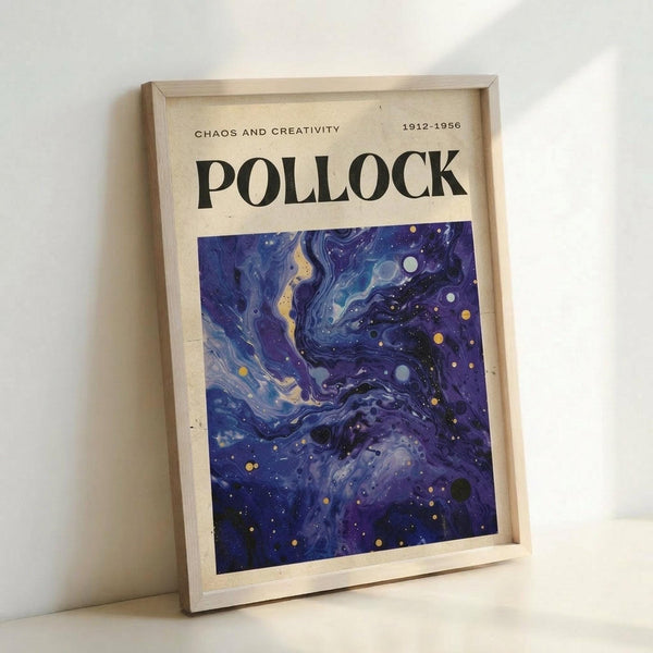 May include: Framed poster featuring swirling blue and purple abstract design with yellow and white circular dots scattered throughout, resembling a cosmic or fluid marble pattern. The print has "POLLOCK" in large black letters at the top with "CHAOS AND CREATIVITY 1912-1956" in smaller text. Light wood frame displayed leaning against white wall on white surface, creating subtle shadows.